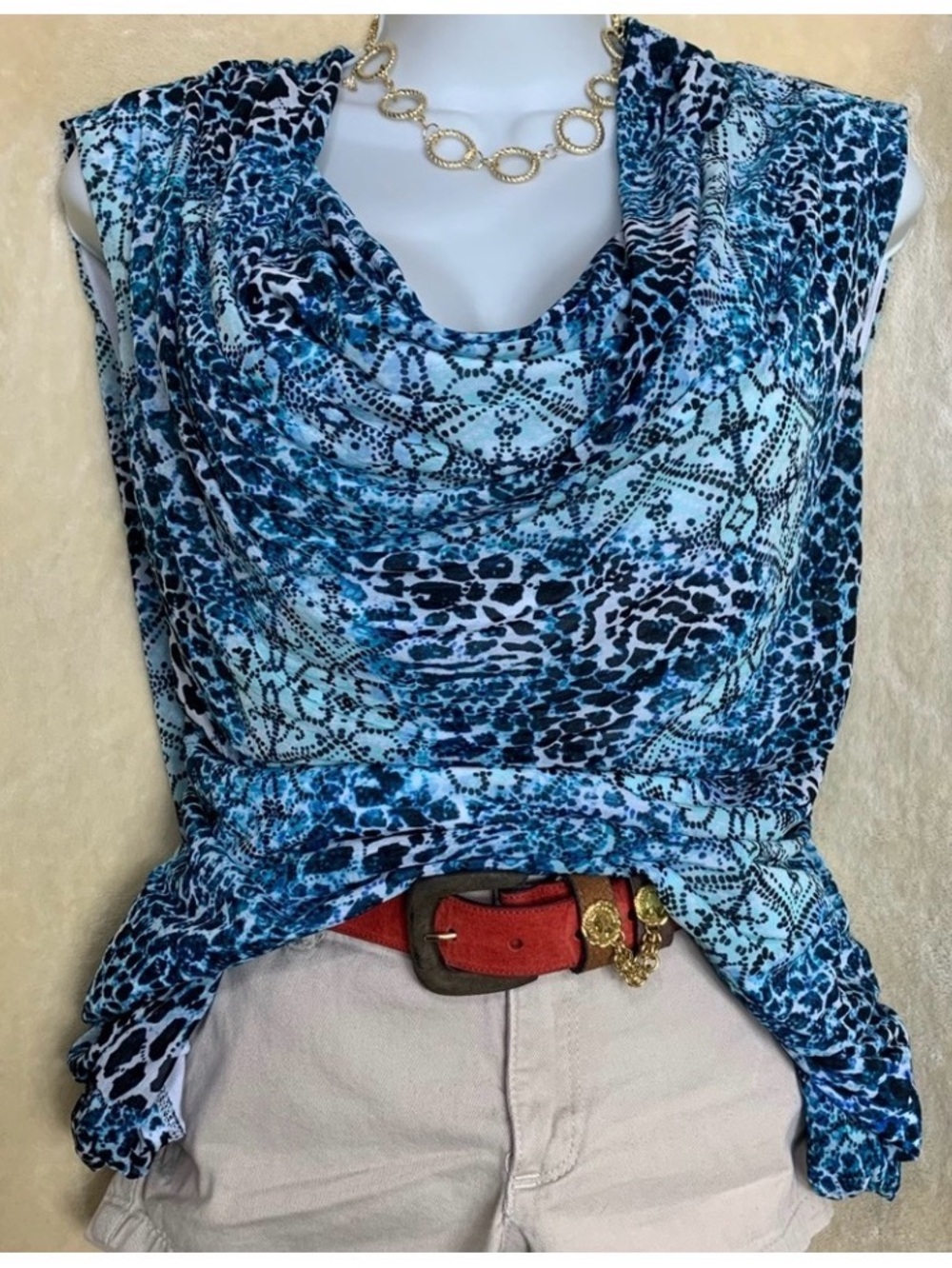 Dana Buchman Blue Designed Cowl Blouse